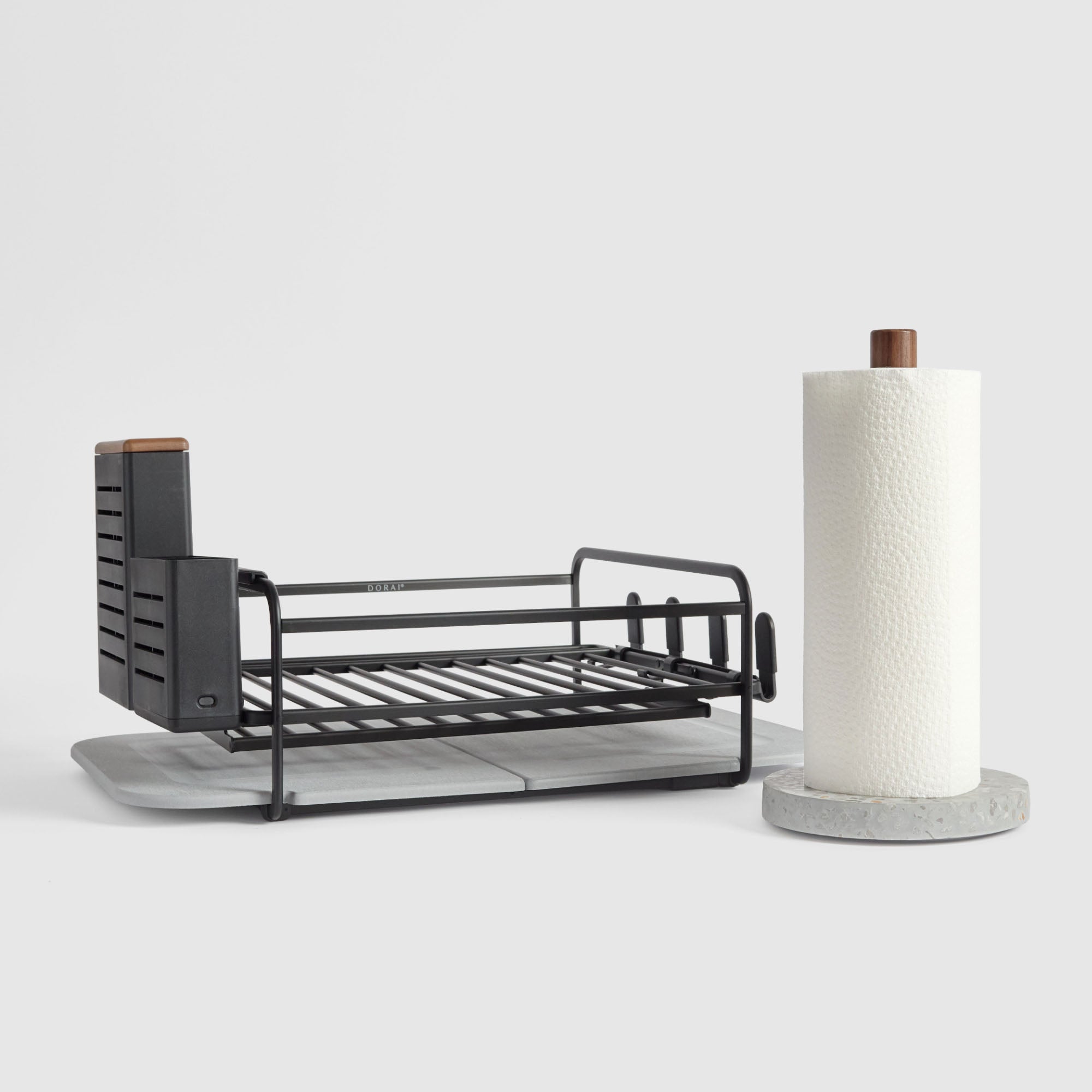 Basalt Paper Towel Holder and Basalt Dish Rack on white background.