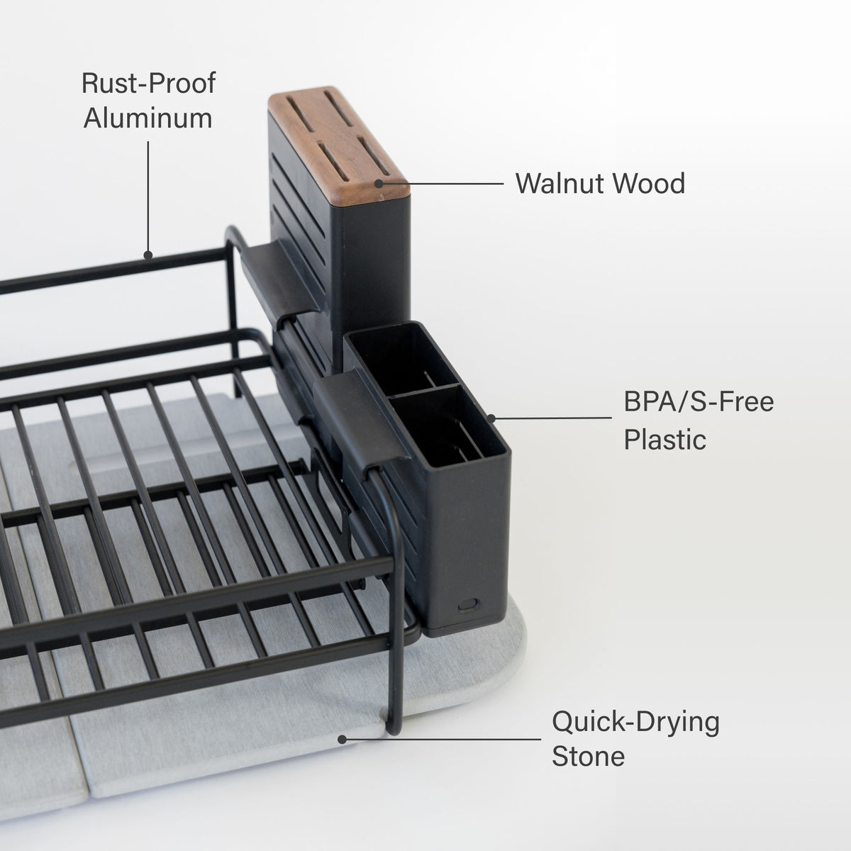 Basalt Dish Rack: Rust-Proof Aluminum, Walnut Wood, BPA/S Free Plastic, Quick-Drying Stone.