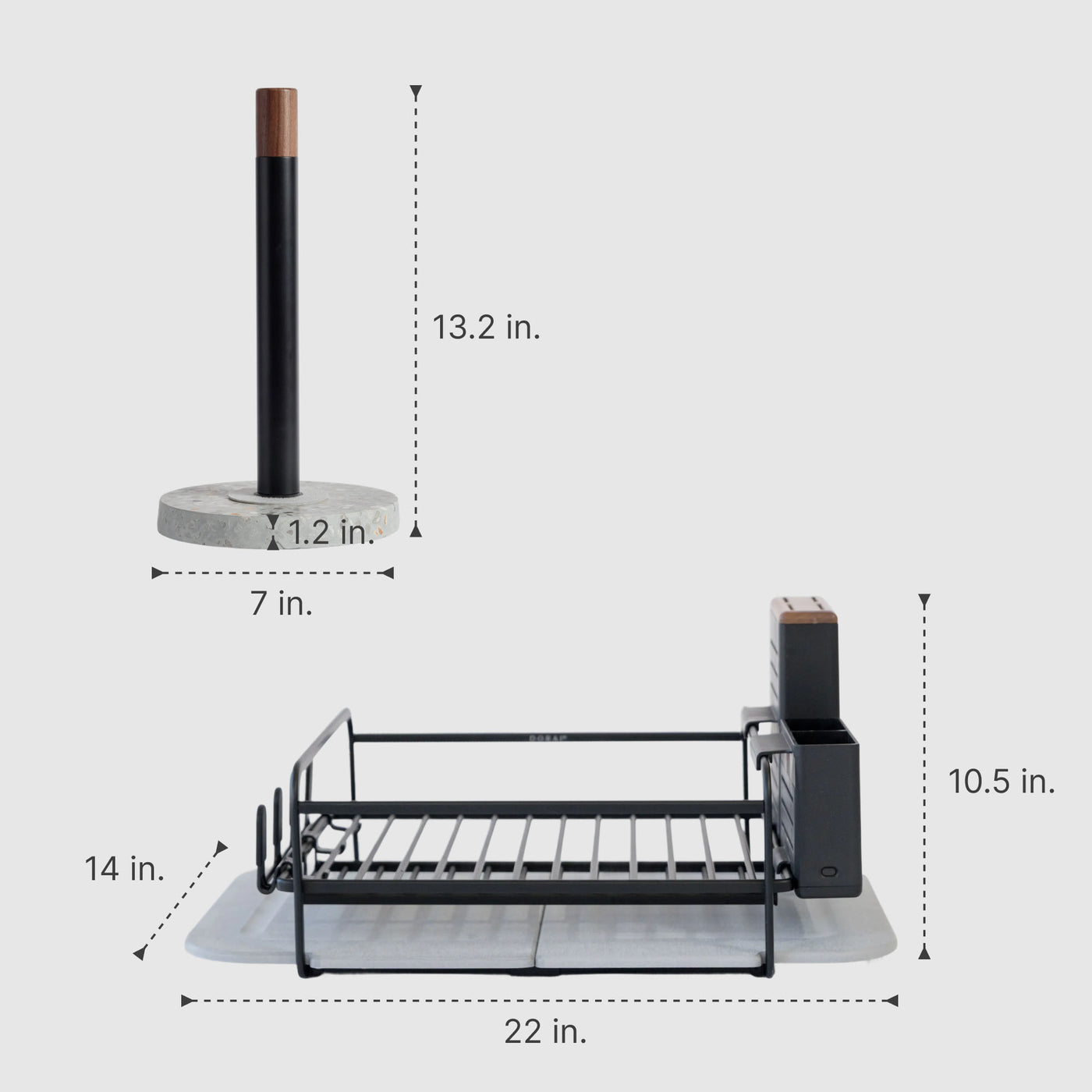 Basalt Paper Towel Holder: 13.2" x 7" | Basalt Dish Rack: 10.5" x 22" x 14