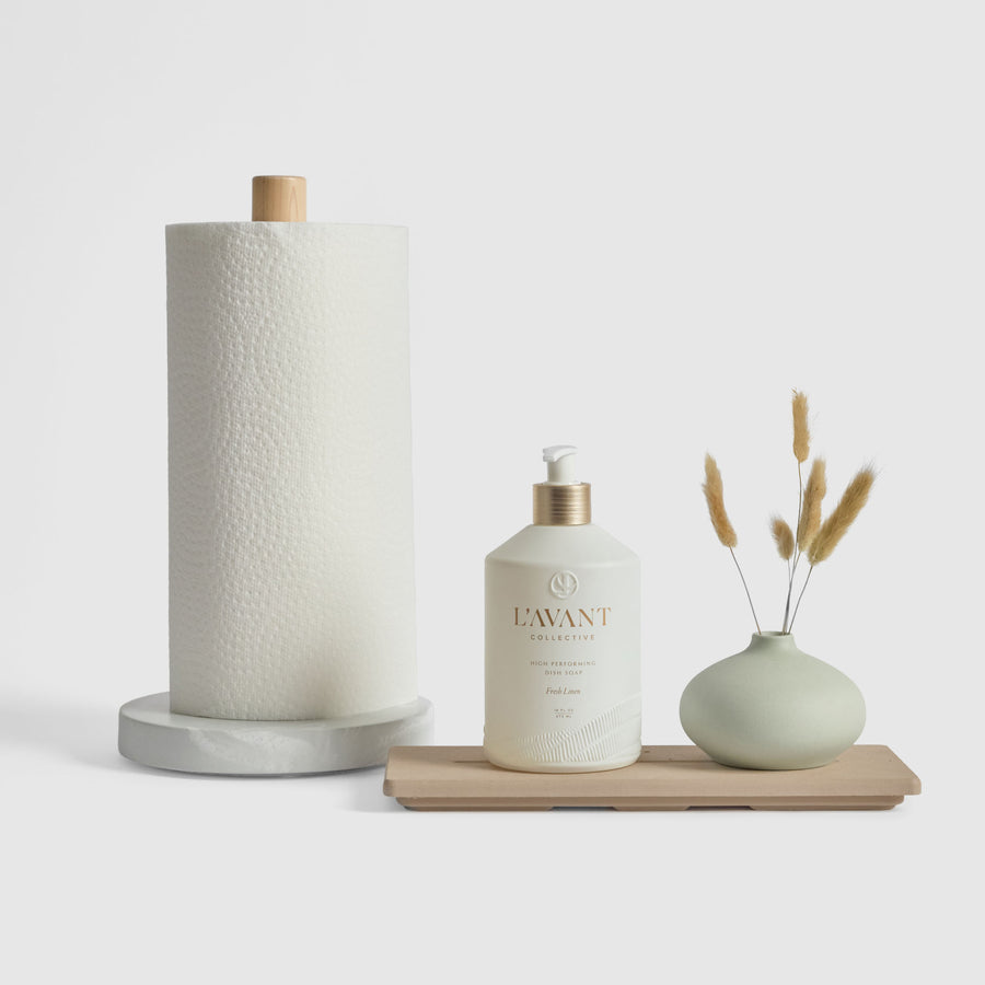 Clay Stone Sink Caddy and Glacier Paper Towel Holder Bundle on white background. | Pre-Order Clay | Clay Collection Image