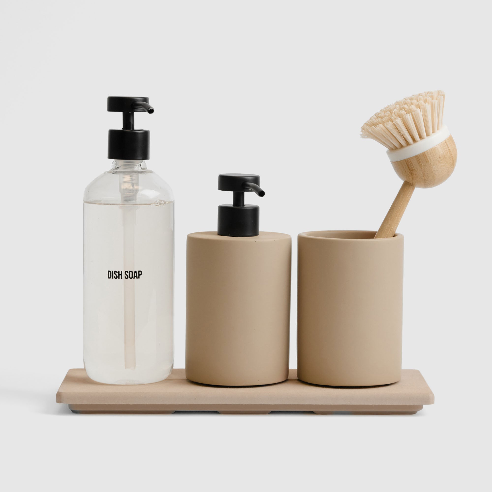 Modern Stone Sink Set in Taupe and Clay with dish soap and dish brush. | Clay Collection Image
