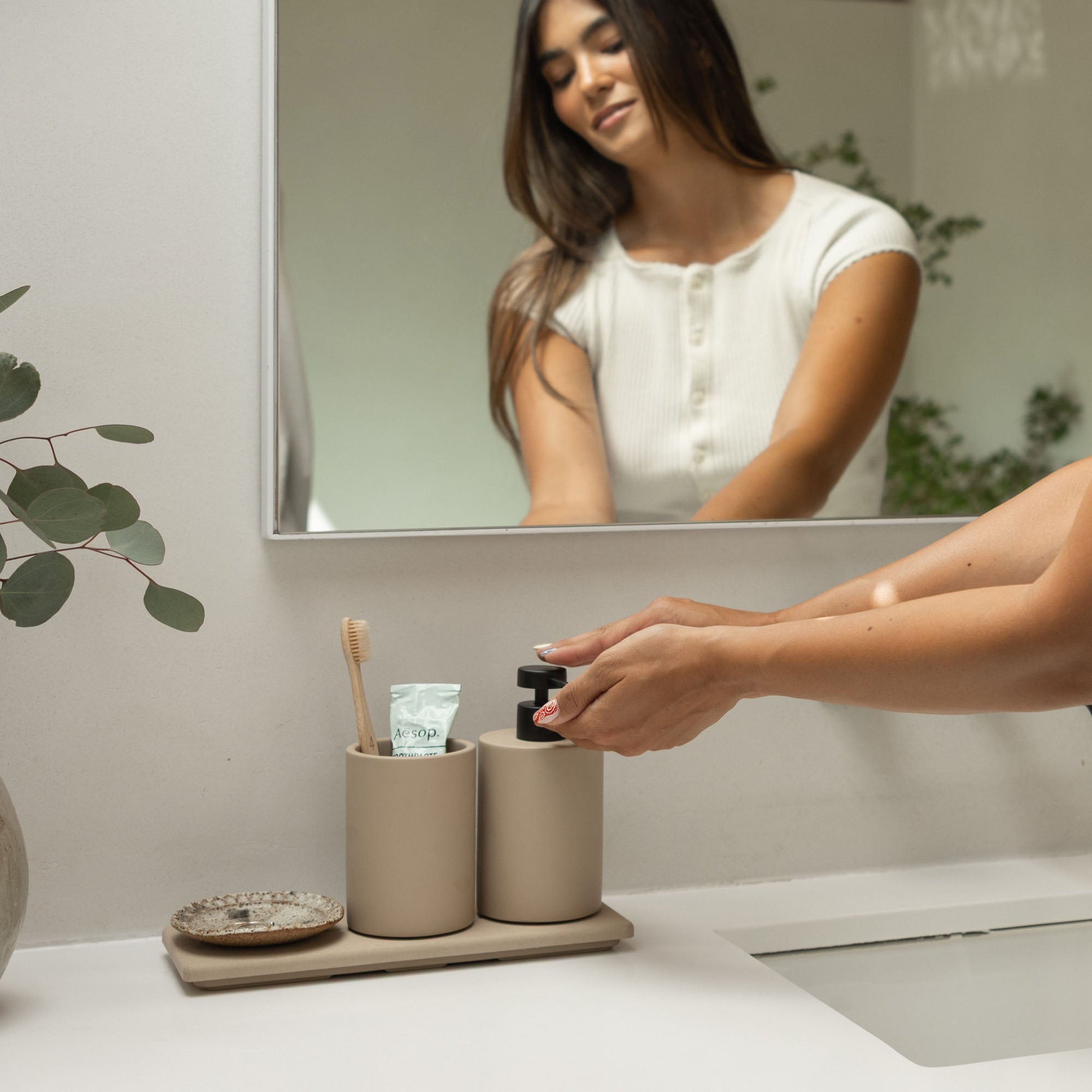 Taupe Soap Dispenser and Clay Stone Sink Caddy