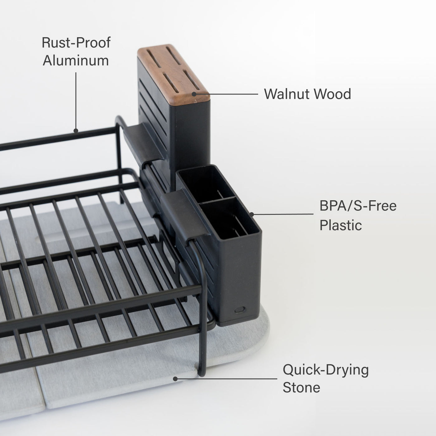 Dorai Home dish rack: rust-proof aluminum, walnut wood, BPA/S-Free Plastic, quick-drying