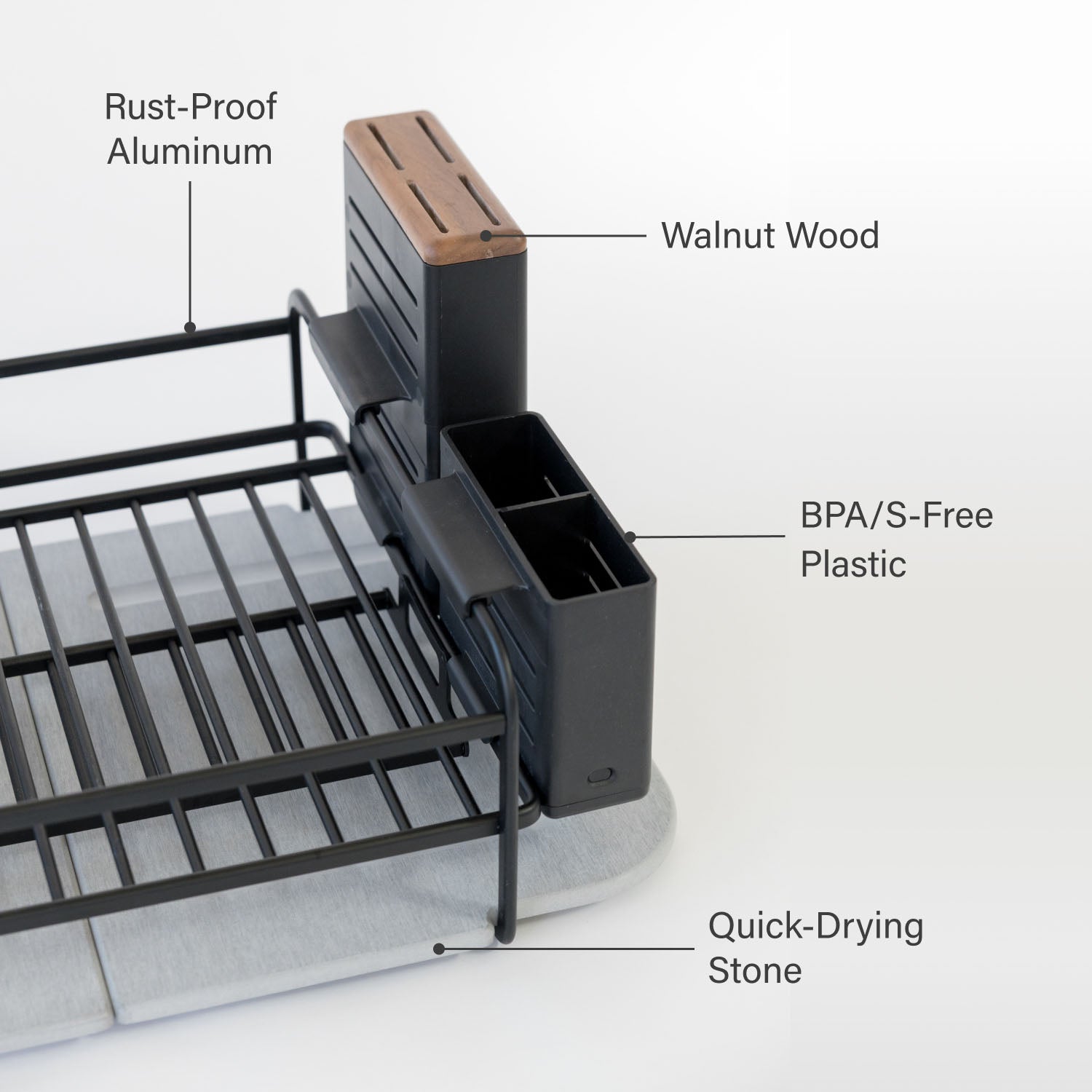 Dorai Home dish rack: rust-proof aluminum, walnut wood, BPA/S-Free Plastic, quick-drying