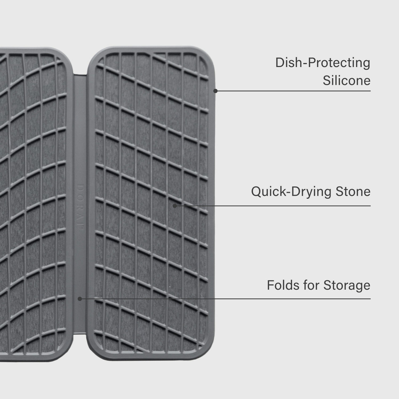 Dorai Home dish pad, drift style, slate color with product features