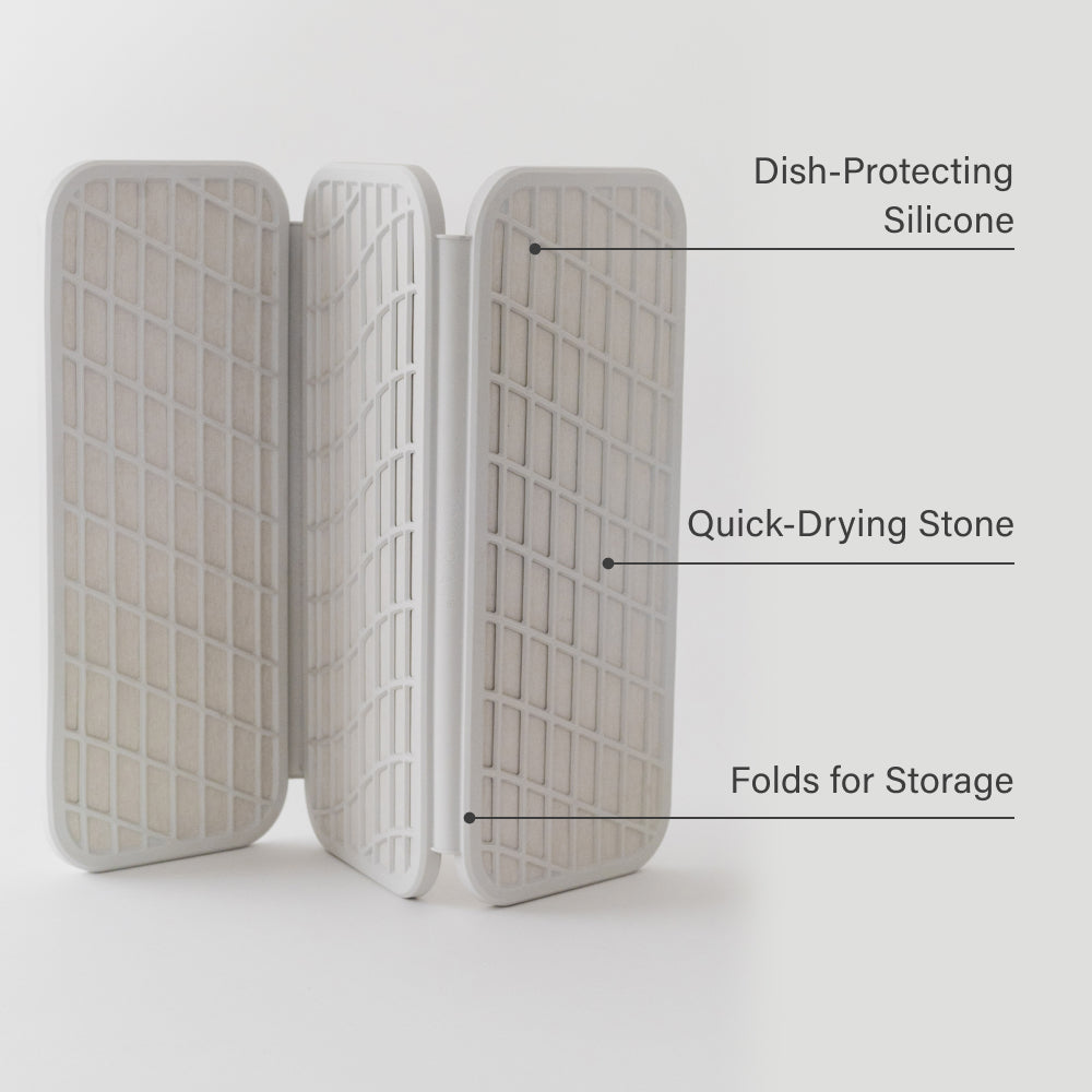dish-protecting silicone on quick-drying stone that folds for storage 
