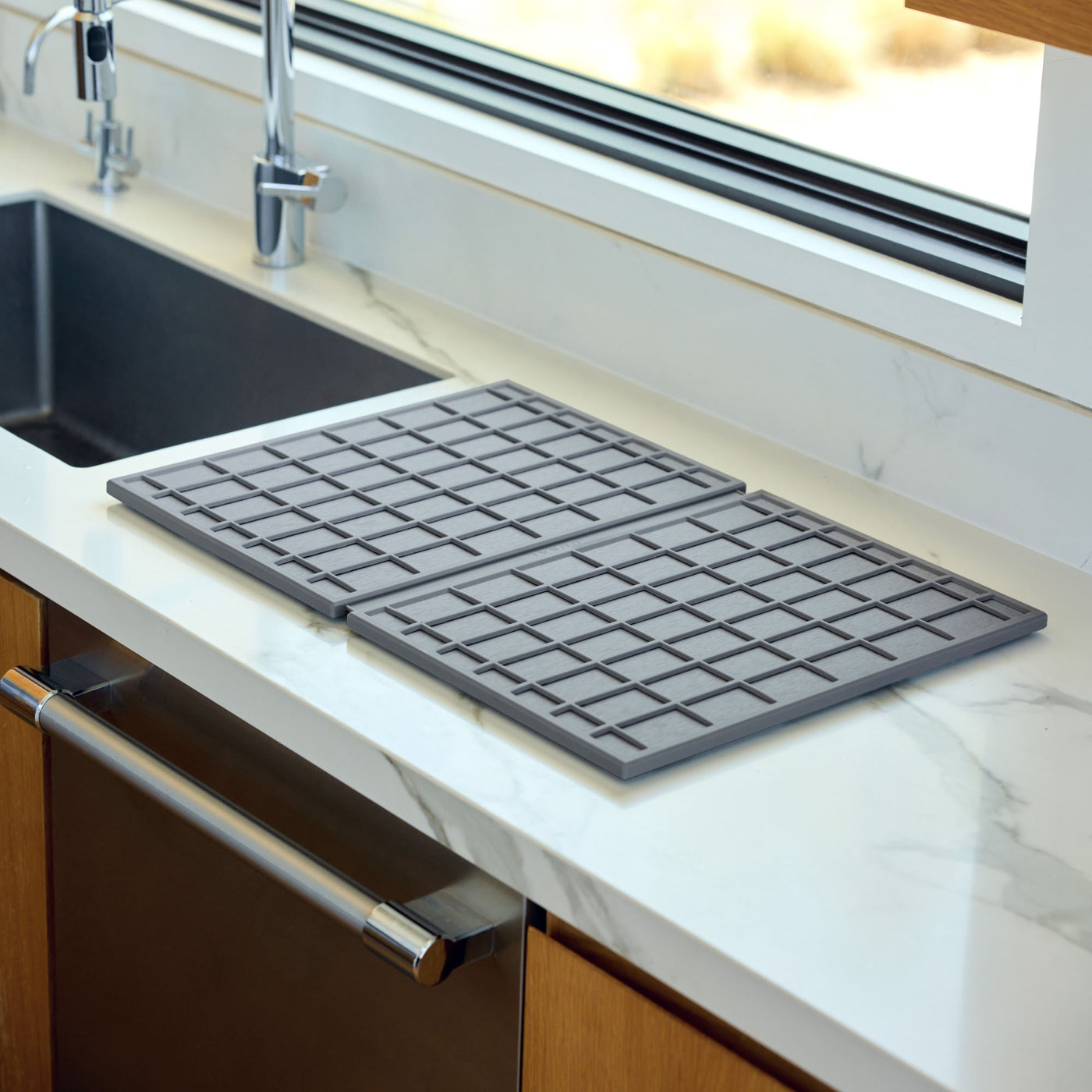 Ridge Large Dish Pad in Slate in beautiful kitchen.