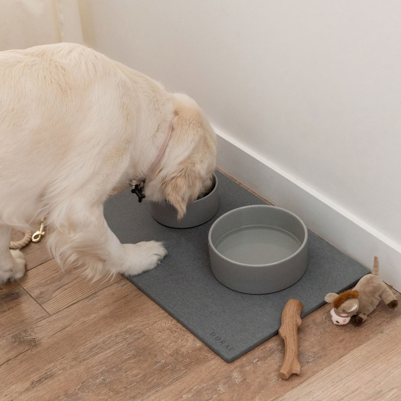 Dog drinking from Dog Food and Water Stone Bas to protect floors. 
