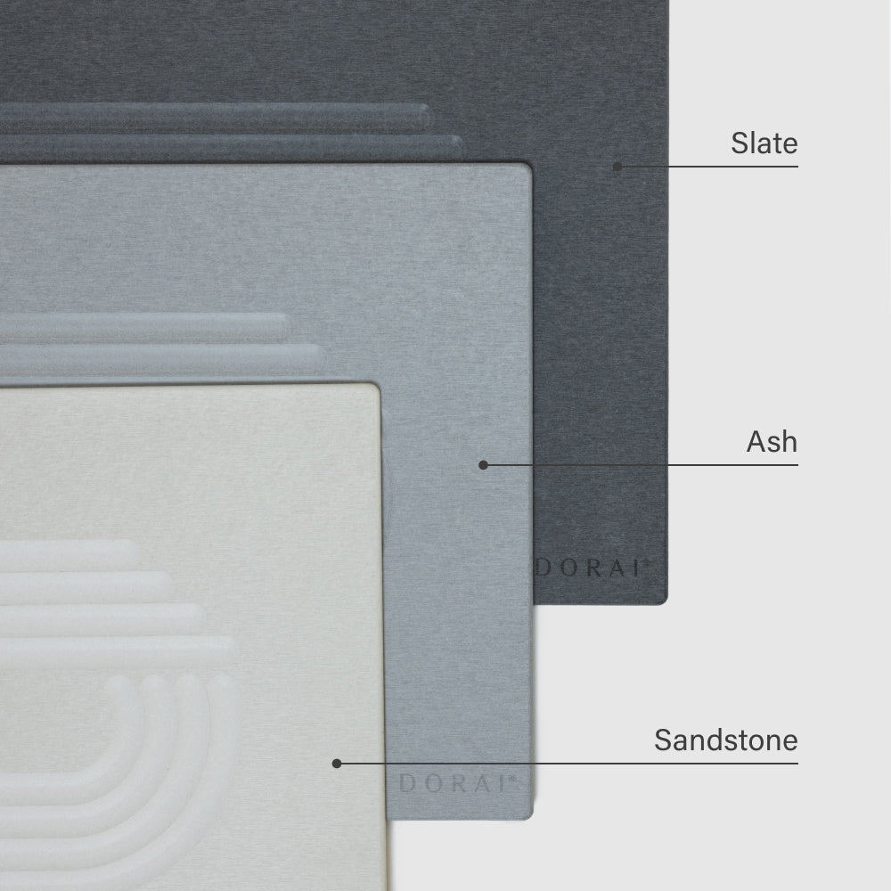 Close-up of Dorai bath mats labeled 'Slate', 'Ash', and 'Sandstone' - Dorai Home