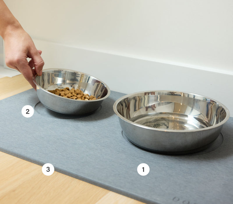 Stone Base with food and water bowl numbered one through three. 