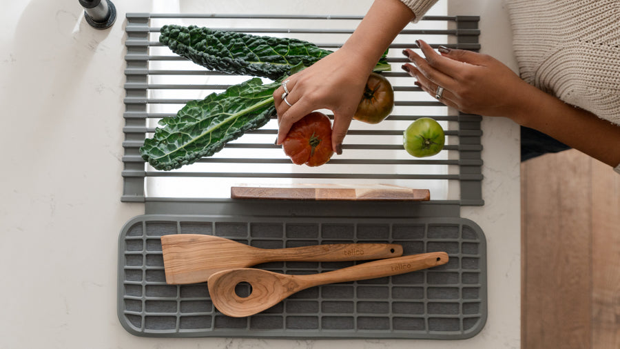 dish pad with over the sink drainer for small kitchens