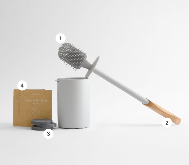 Silicone toilet brush with moisture-absorbing stones. 