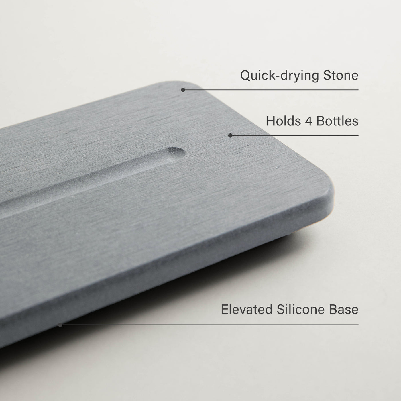 diatomaceous earth stone sink caddy with features labeled - Dorai Home