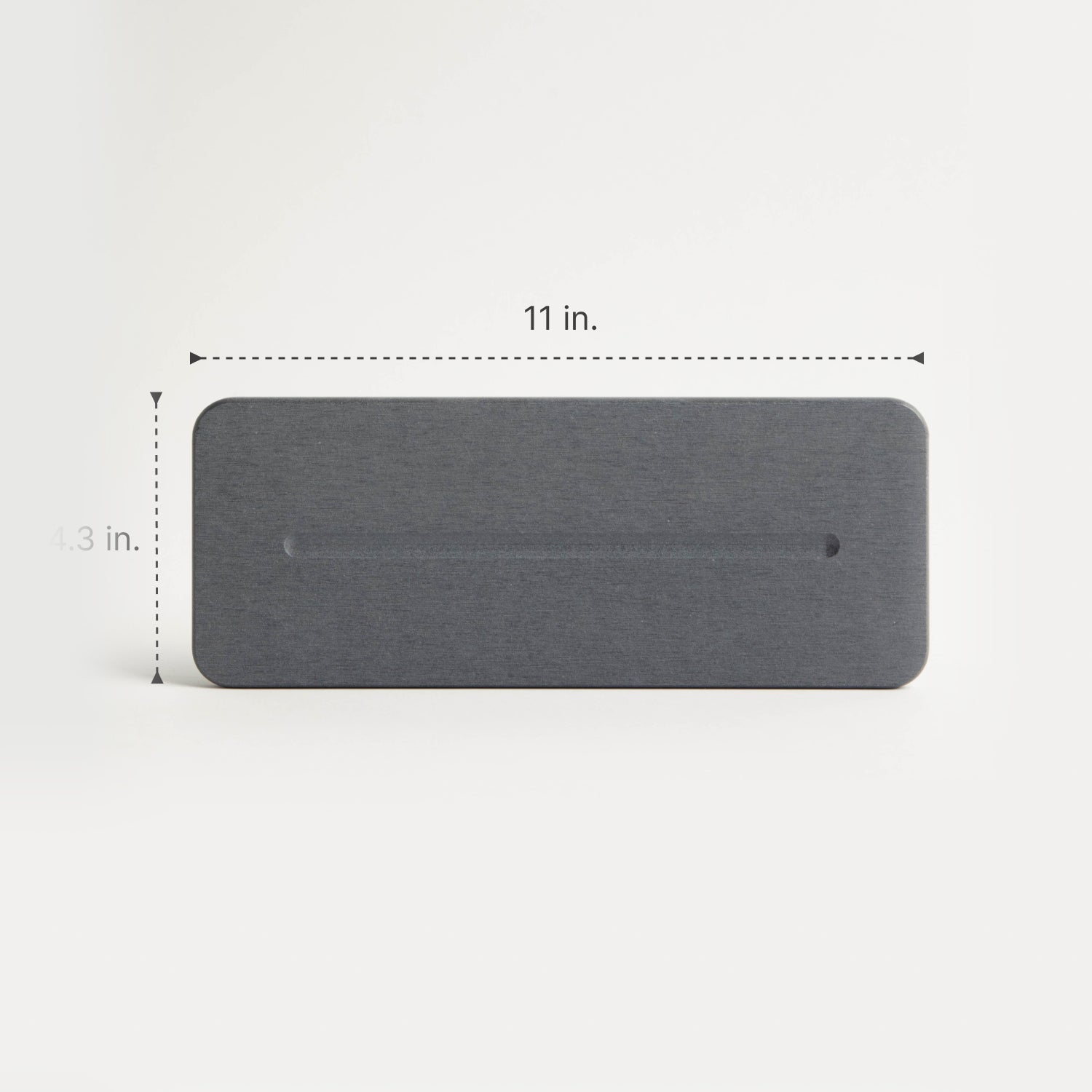 Rectangular gray stone sink caddy with dimensions labeled on a white background