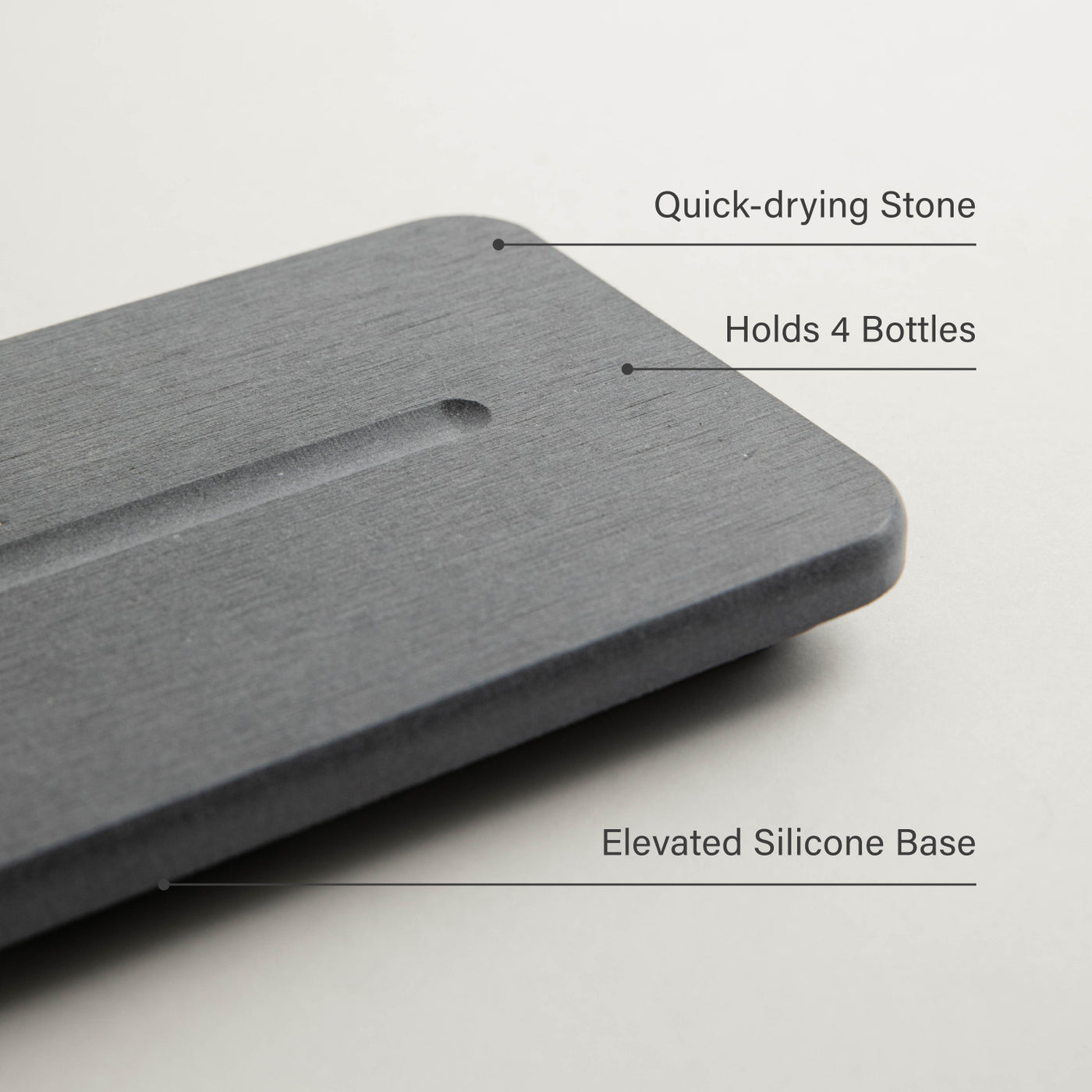 Gray stone with text indicating features like quick-drying stone, holding capacity, and silicone base.