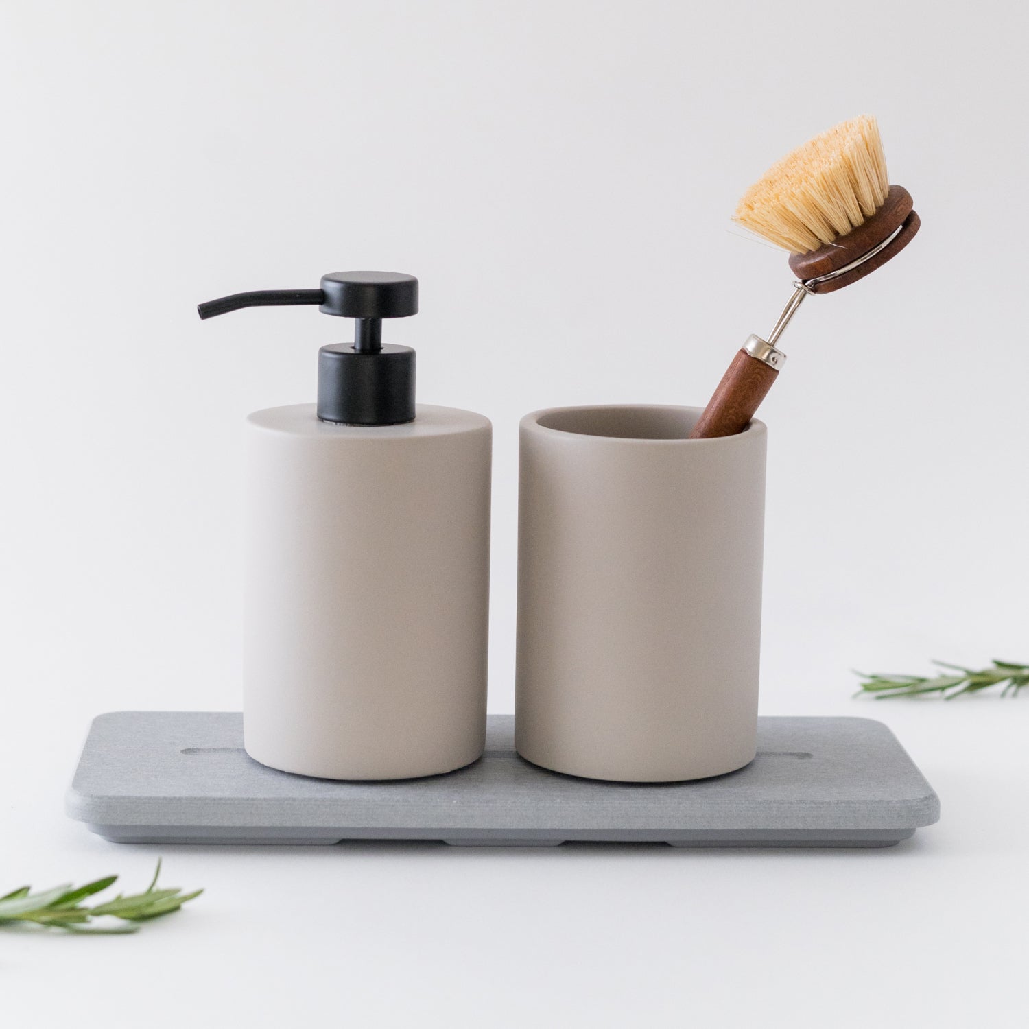 diatomaceous earth stone sink caddy with soap dispenser and brush holder - Dorai Home