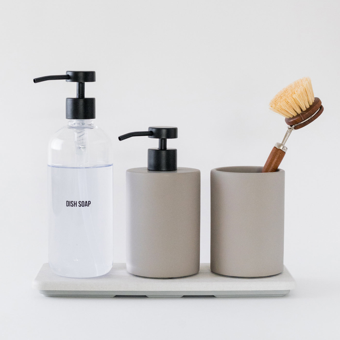 stone soap caddy with dish soap, soap dispenser and brush holder - Dorai Home