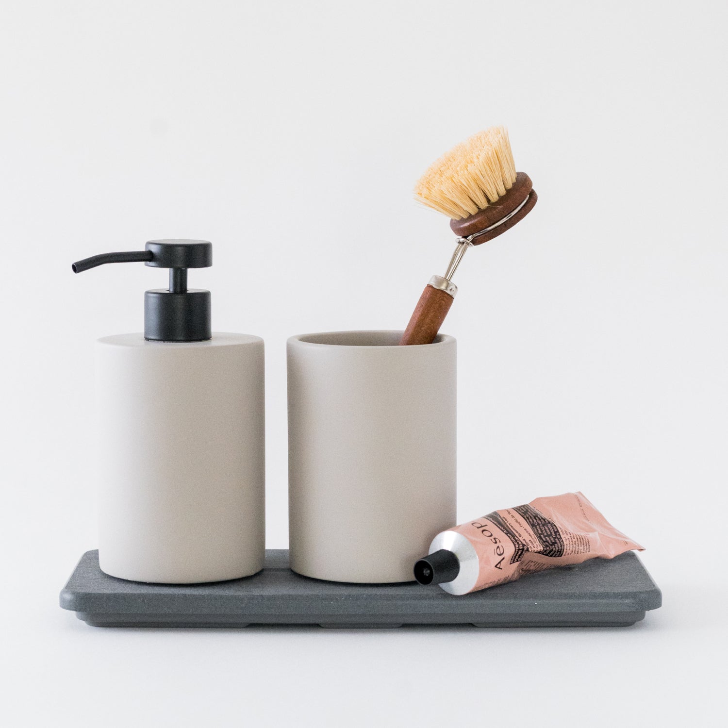 diatomaceous earth stone sink caddy with soap dispenser and brush holder - Dorai Home