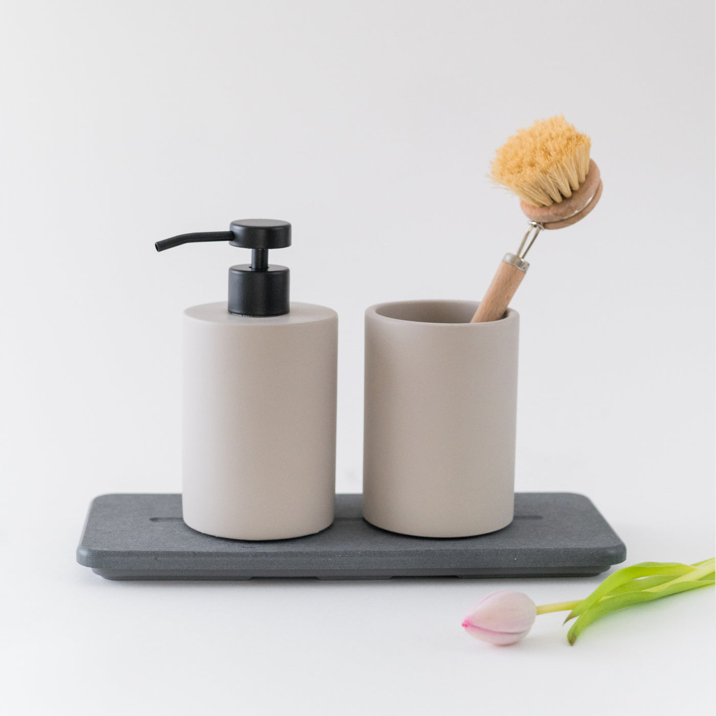 diatomaceous earth stone sink caddy with soap dispenser and brush holder - Dorai Home