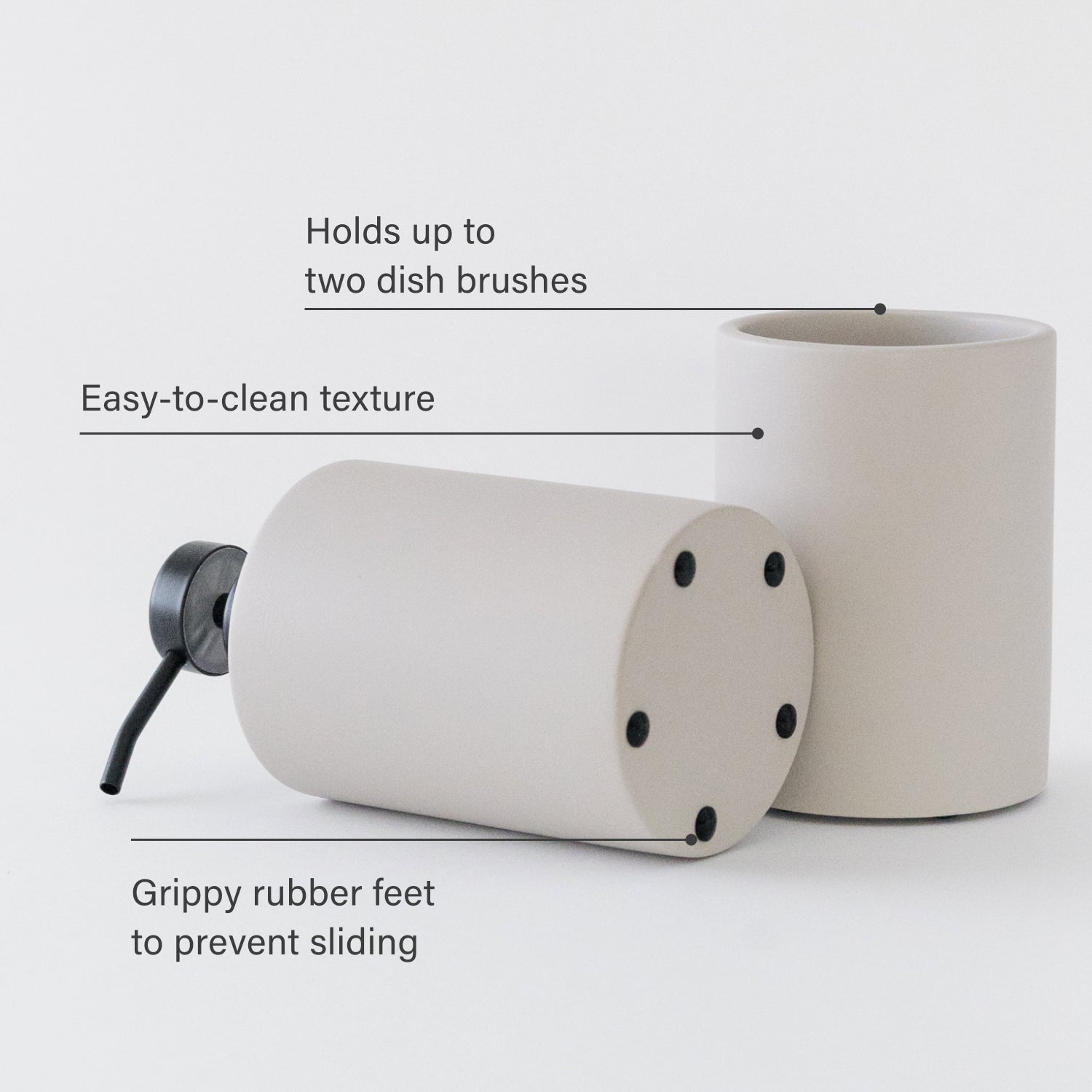 diatomaceous earth stone soap dispenser and brush holder with feature labels - Dorai Home
