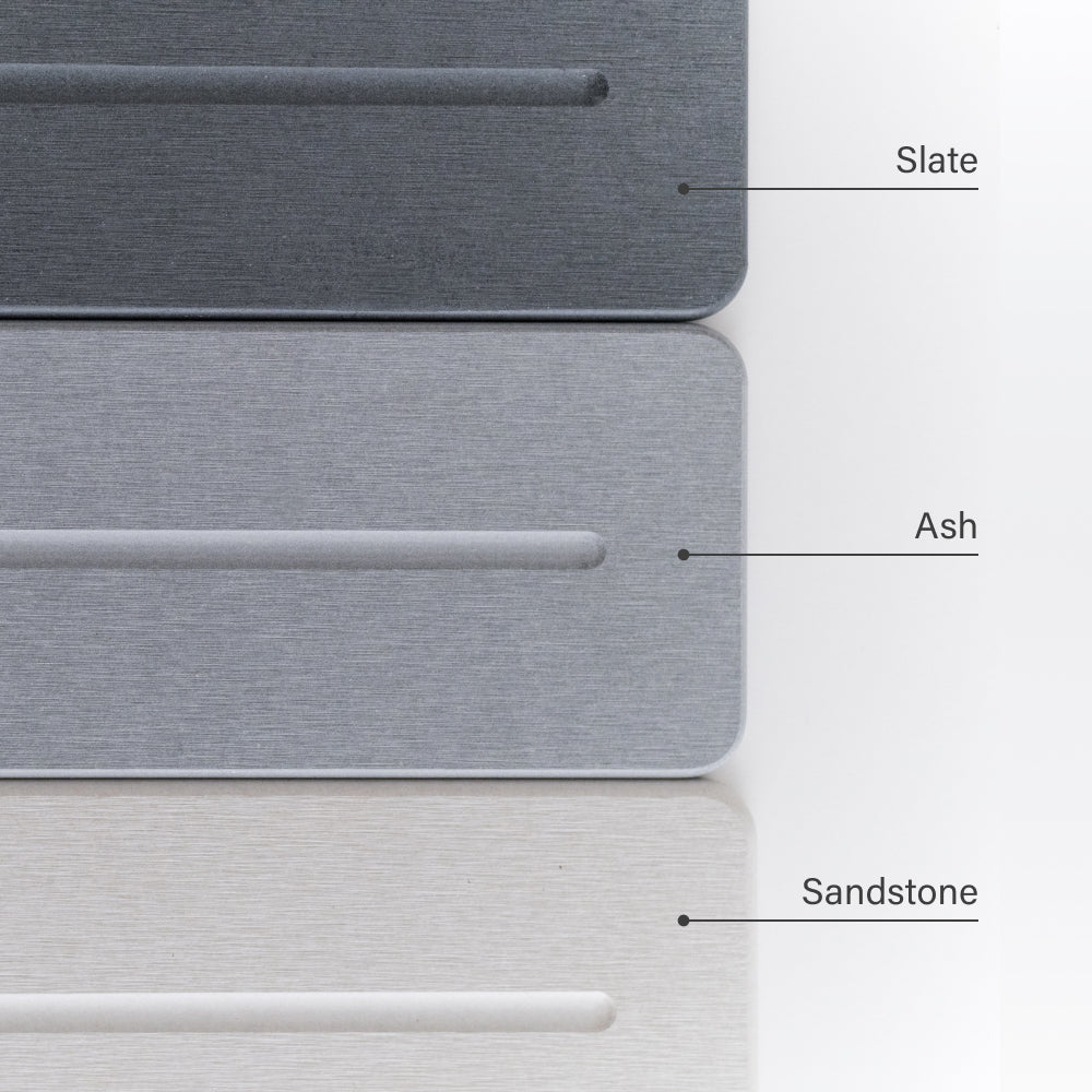 Three different stone sink caddies labeled 'Slate', 'Ash', and 'Sandstone' on a white background.